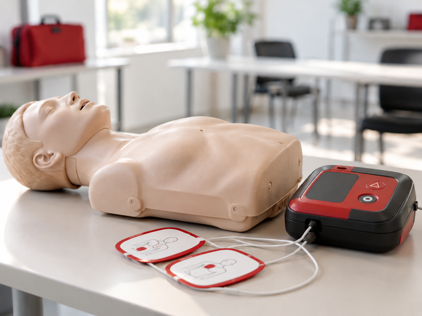 CPR training manikin and AED practice equipment